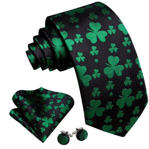 Black & Emerald Clover Silk Tie Set - GentCrest - View 2