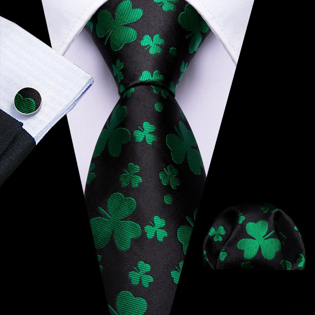Black & Emerald Clover Silk Tie Set - GentCrest