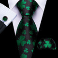 Black & Emerald Clover Silk Tie Set - GentCrest