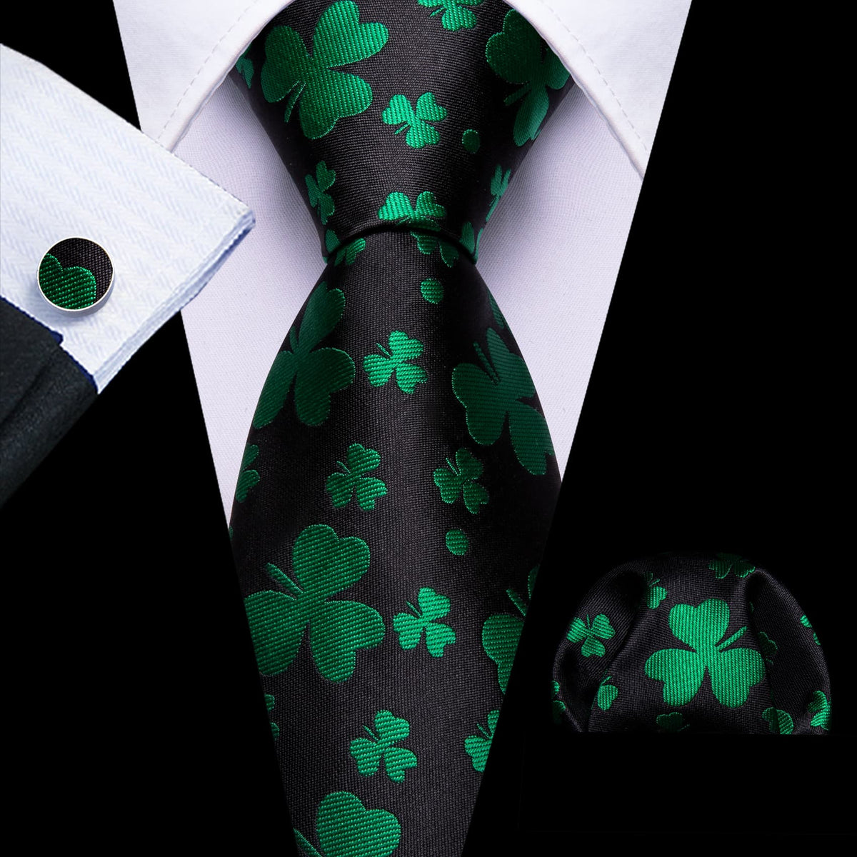 Black & Emerald Clover Silk Tie Set - GentCrest