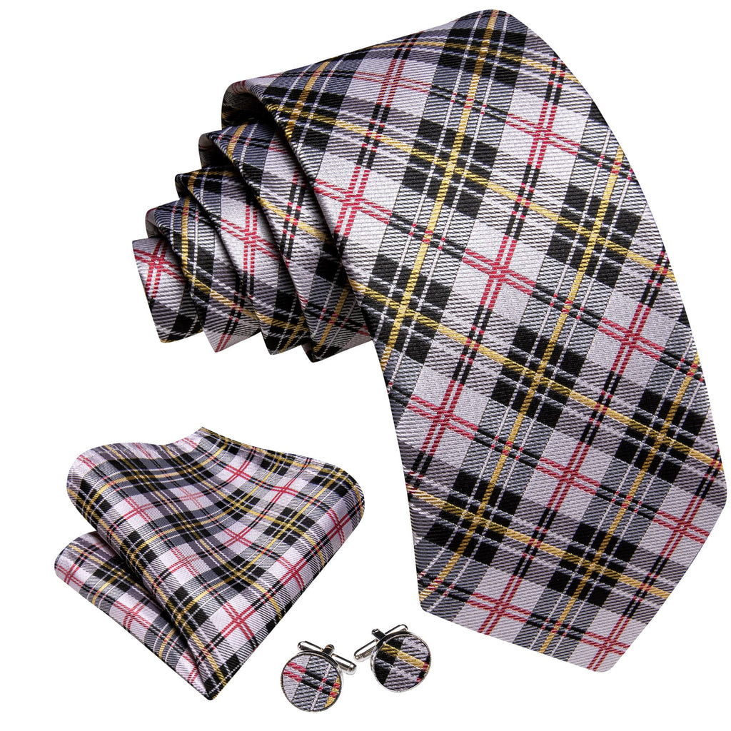 Black White Gray Yellow Checkered Silk Tie Set - GentCrest - View 2