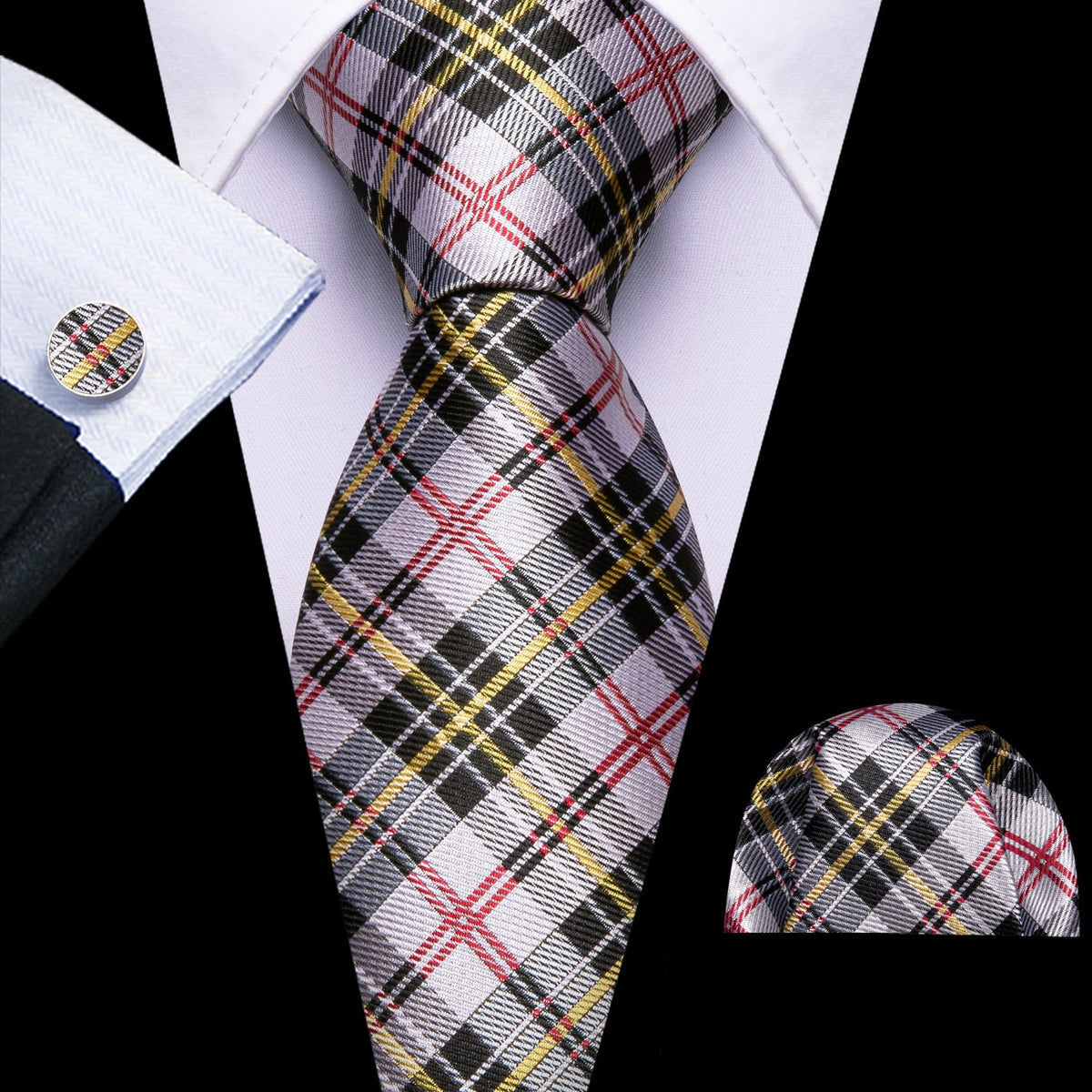 Black White Gray Yellow Checkered Silk Tie Set - GentCrest