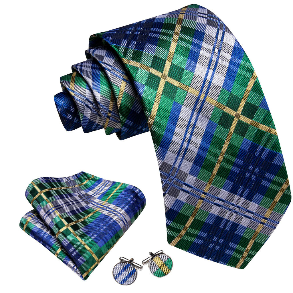 Blue Silver Gray Yellow Checkered Silk Tie Set - GentCrest - View 2