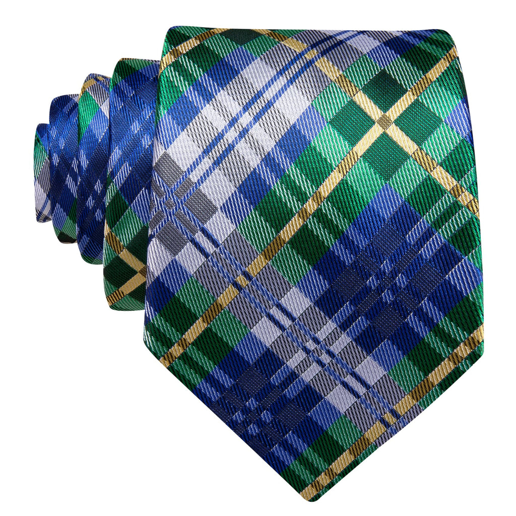 Blue Silver Gray Yellow Checkered Silk Tie Set - GentCrest - View 3
