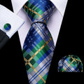 Blue Silver Gray Yellow Checkered Silk Tie Set - GentCrest