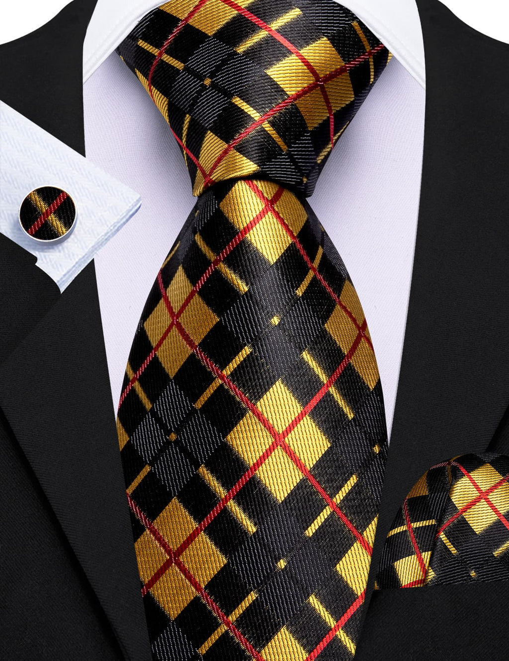 Black Yellow Checkered Jacquard Silk Tie Set - GentCrest - View 2
