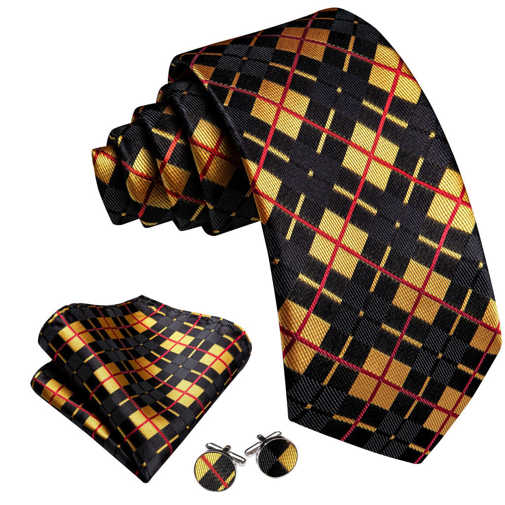 Black Yellow Checkered Jacquard Silk Tie Set - GentCrest - View 3