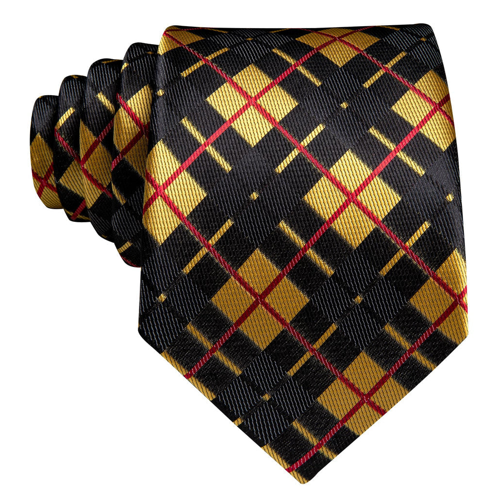 Black Yellow Checkered Jacquard Silk Tie Set - GentCrest - View 4