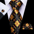 Black Yellow Checkered Jacquard Silk Tie Set - GentCrest