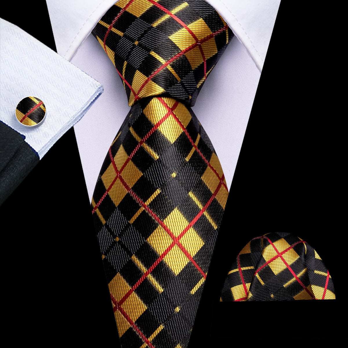 Black Yellow Checkered Jacquard Silk Tie Set - GentCrest