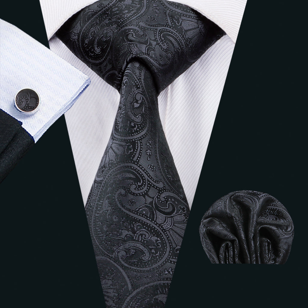 GentCrest Black Floral Tie Hanky Cufflinks Set - Image 1