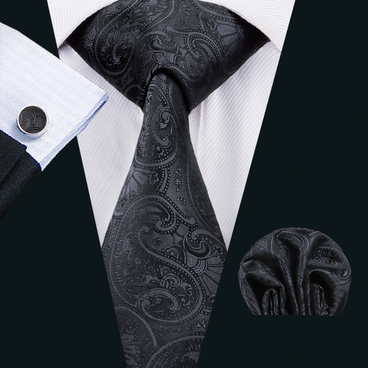 GentCrest Black Floral Tie Hanky Cufflinks Set - Image 1