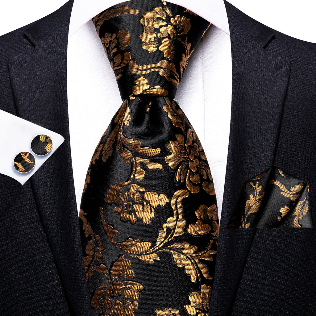 Black & Gold Floral Silk Tie Set - GentCrest