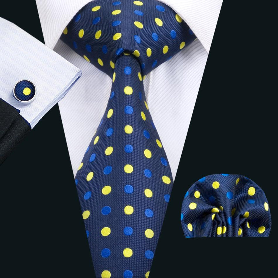 Blue and Yellow Polka Dot XL Silk Tie Set - GentCrest