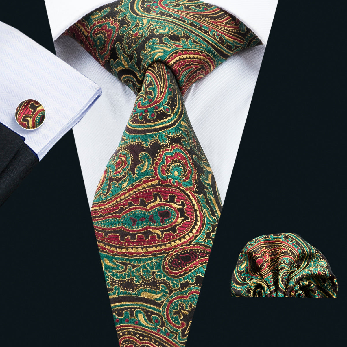 GentCrest Green Paisley Tie Hanky Cufflinks Set - Image 1