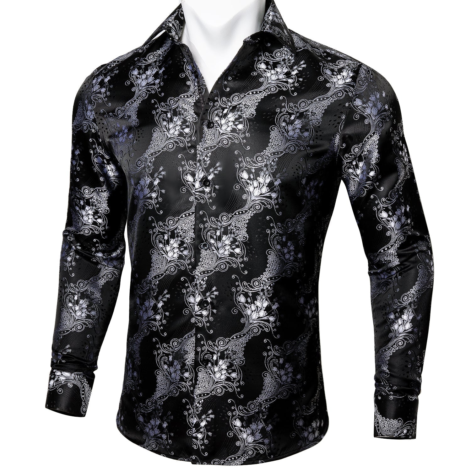 Silver and Black Floral Dress Shirt - GentCrest - View 5