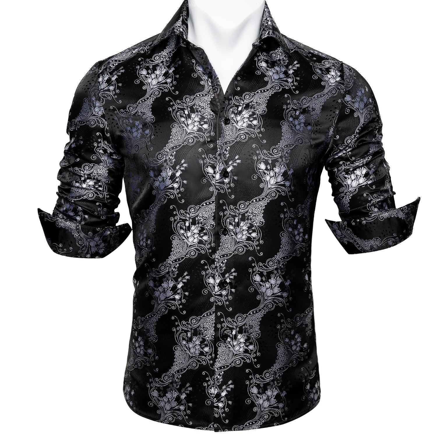 Silver and Black Floral Dress Shirt - GentCrest - View 4