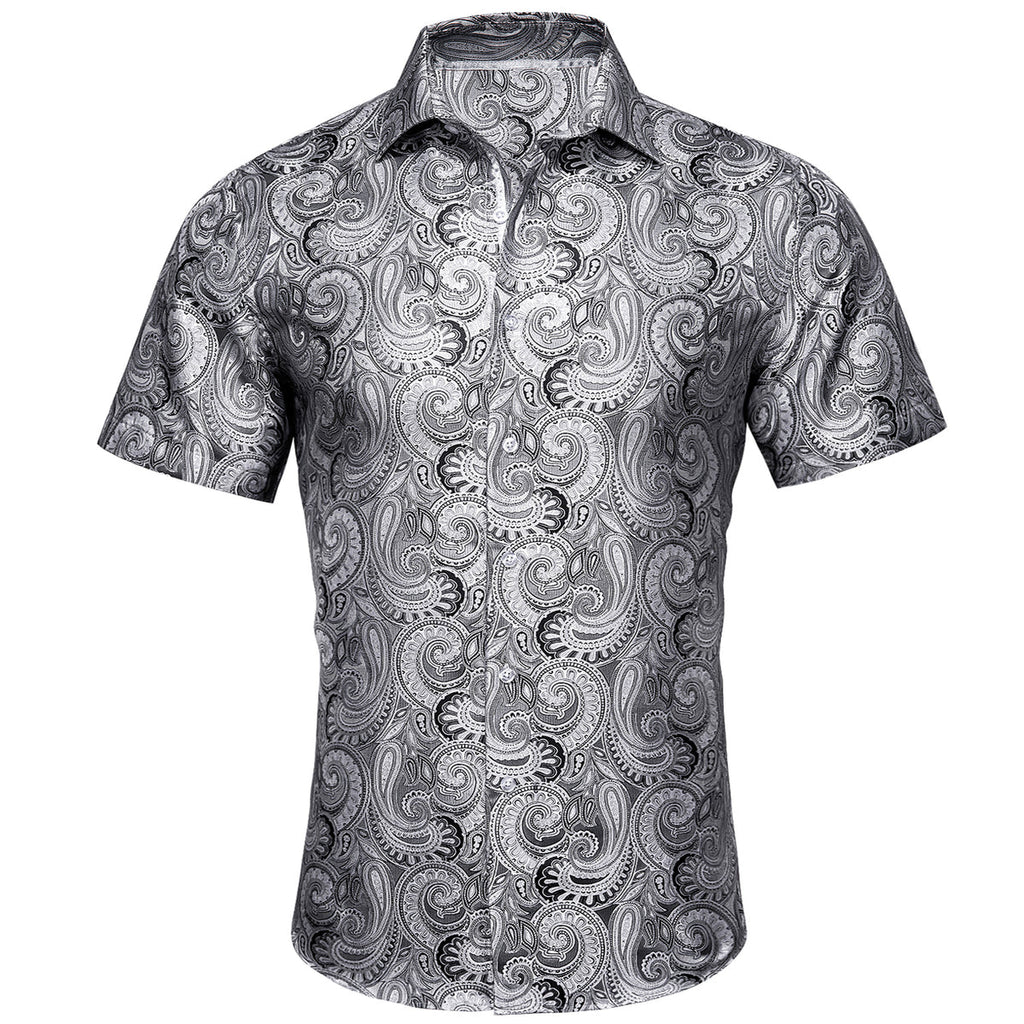 Silver Paisley Silk Short Sleeve Dress Shirt - GentCrest