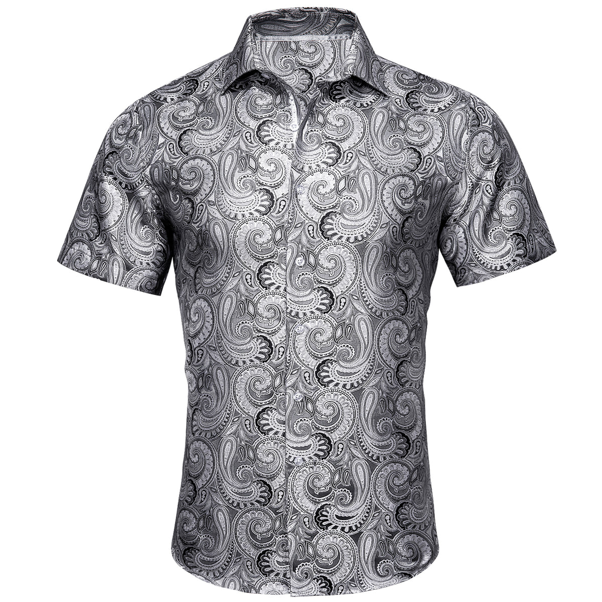 Silver Paisley Silk Short Sleeve Dress Shirt - GentCrest