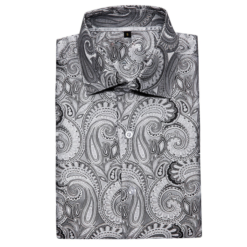 Silver Paisley Silk Short Sleeve Dress Shirt - GentCrest - View 3