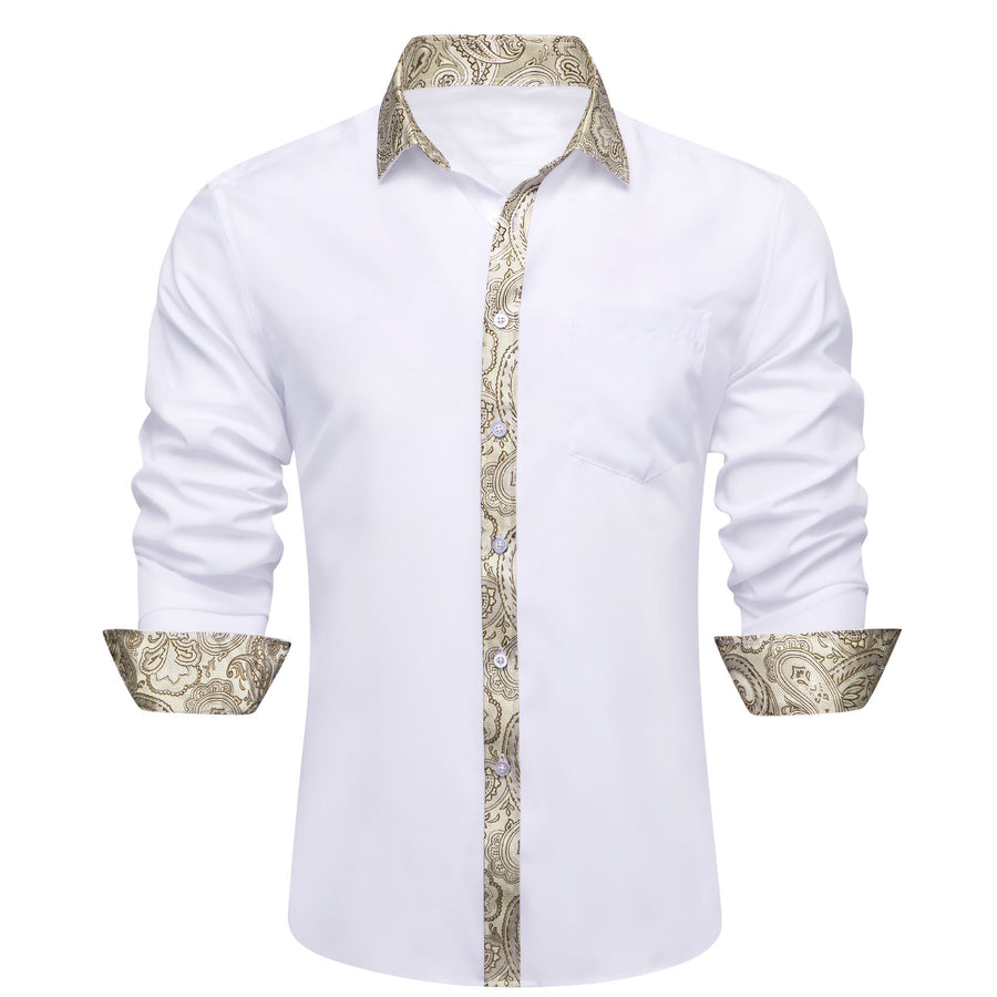 White with Champagne Paisley Trim Detailing Dress Shirt - GentCrest
