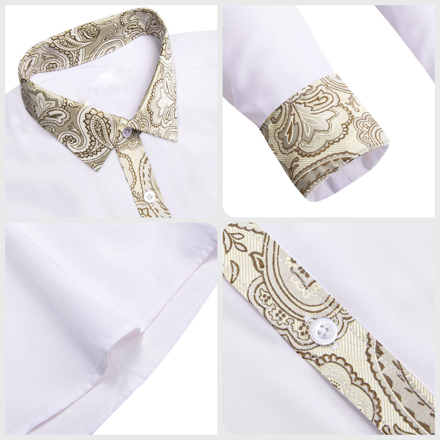 White with Champagne Paisley Trim Detailing Dress Shirt - GentCrest - View 4