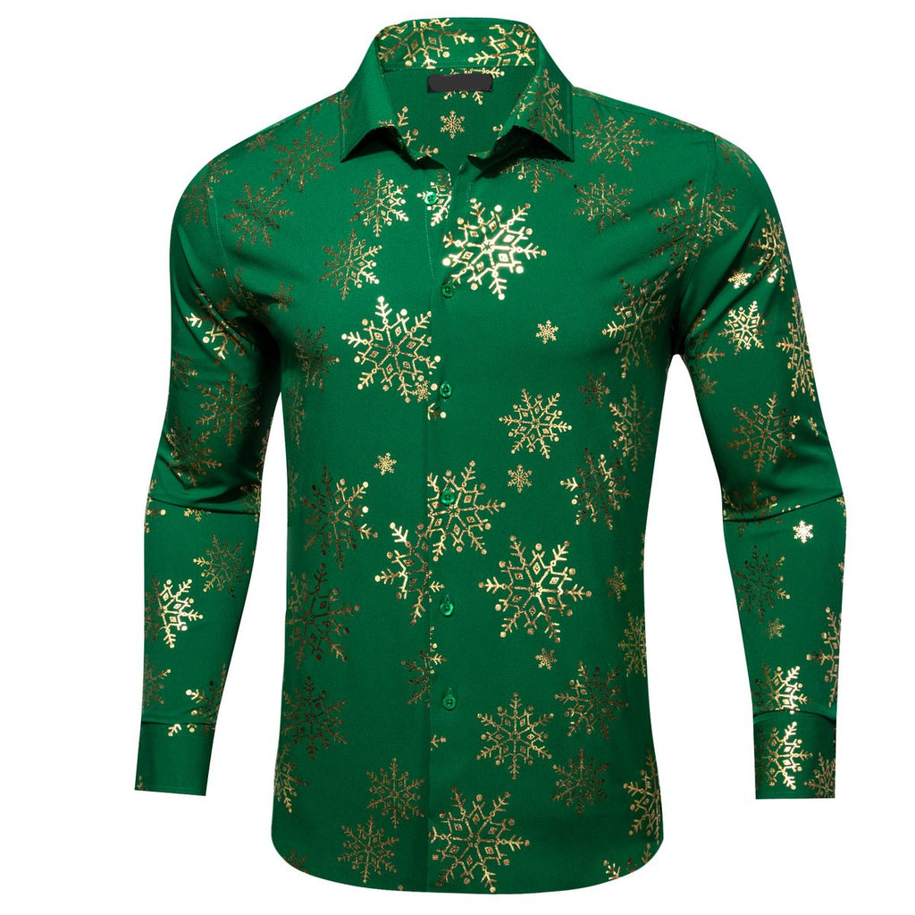 Green & Gold Snowflake Silk with Festive Design Dress Shirt - GentCrest
