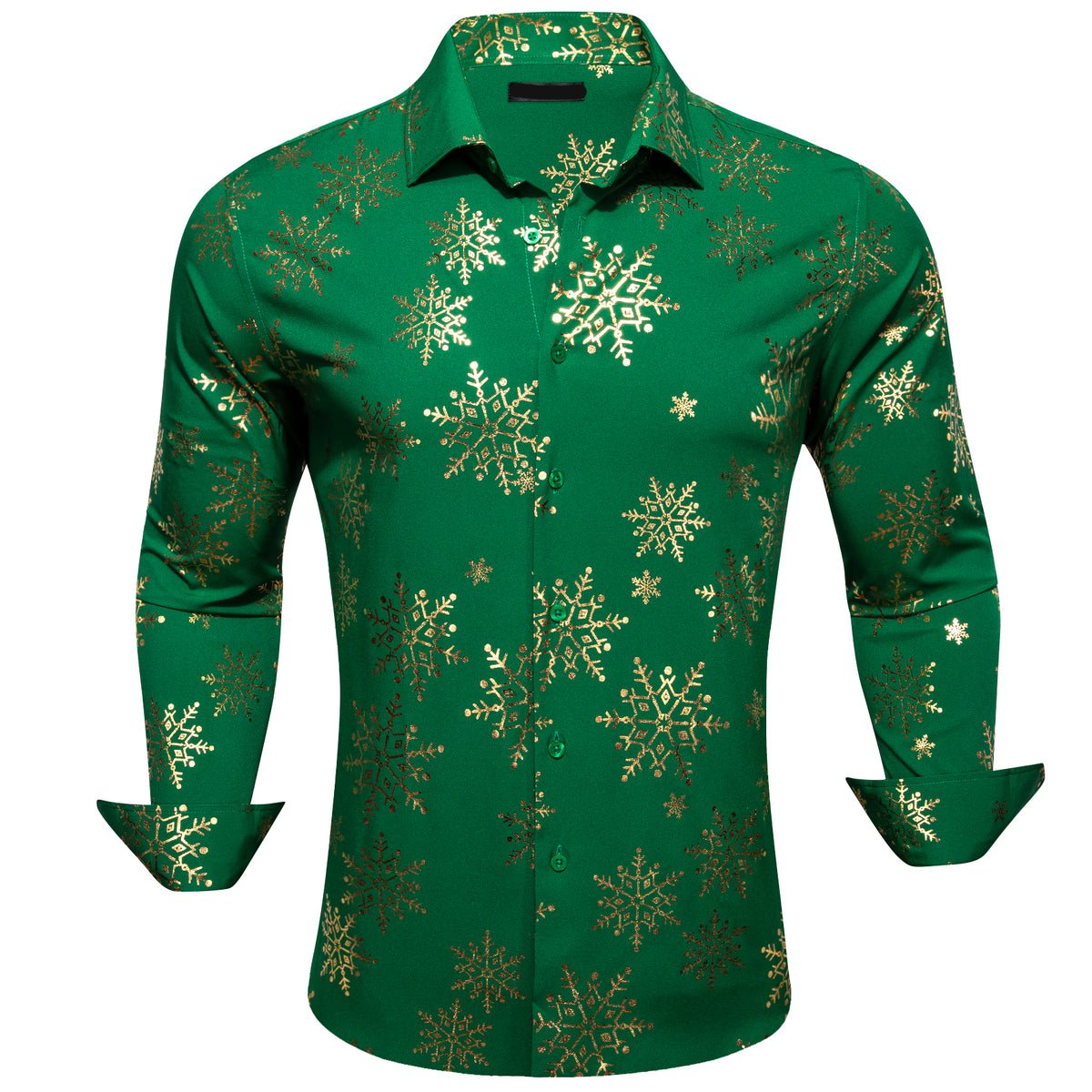 Green & Gold Snowflake Silk with Festive Design Dress Shirt - GentCrest - View 4