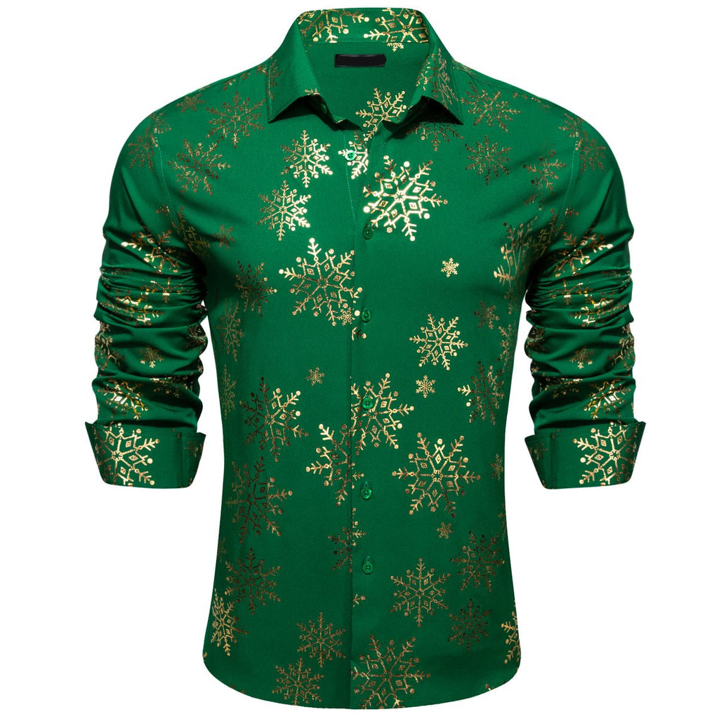 Green & Gold Snowflake Silk with Festive Design Dress Shirt - GentCrest - View 3