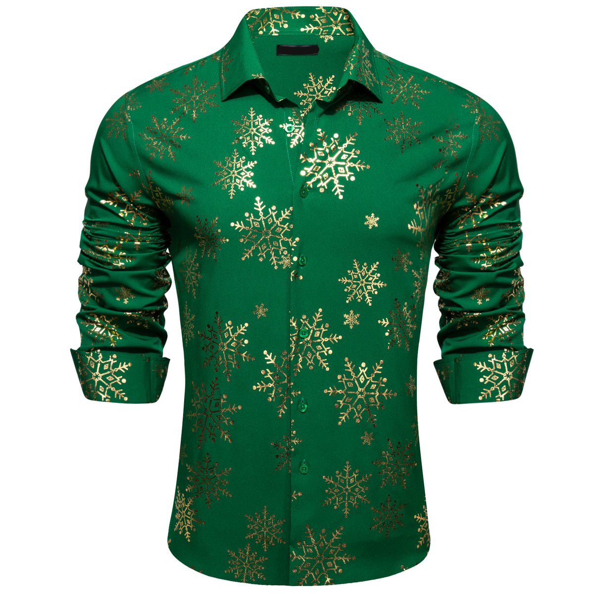 Green & Gold Snowflake Silk with Festive Design Dress Shirt - GentCrest - View 3
