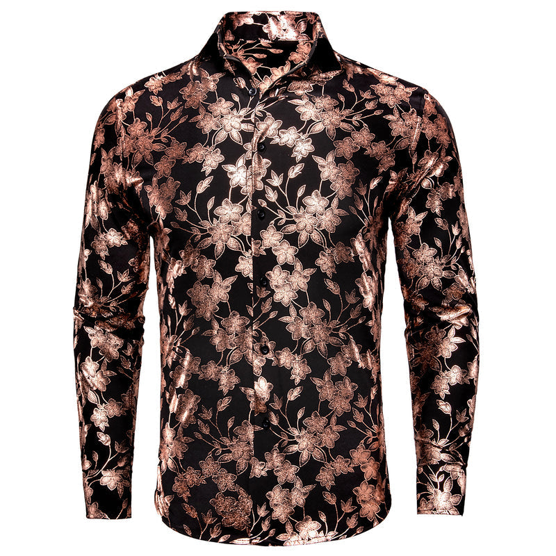 Black & Bronze Silk with Cherry Blossom Pattern Dress Shirt - GentCrest