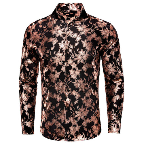 Black & Bronze Silk with Cherry Blossom Pattern Dress Shirt - GentCrest