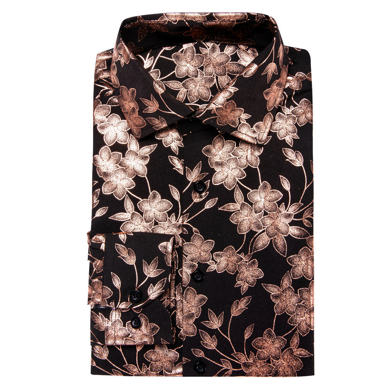 Black & Bronze Silk with Cherry Blossom Pattern Dress Shirt - GentCrest - View 3