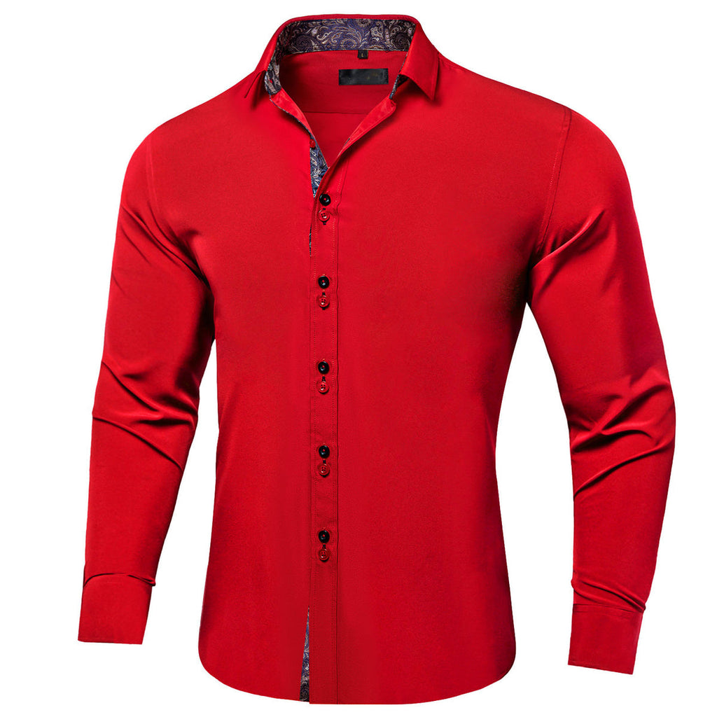 Red Silk with Black Paisley Accented Cuffs and Collar Dress Shirt - GentCrest