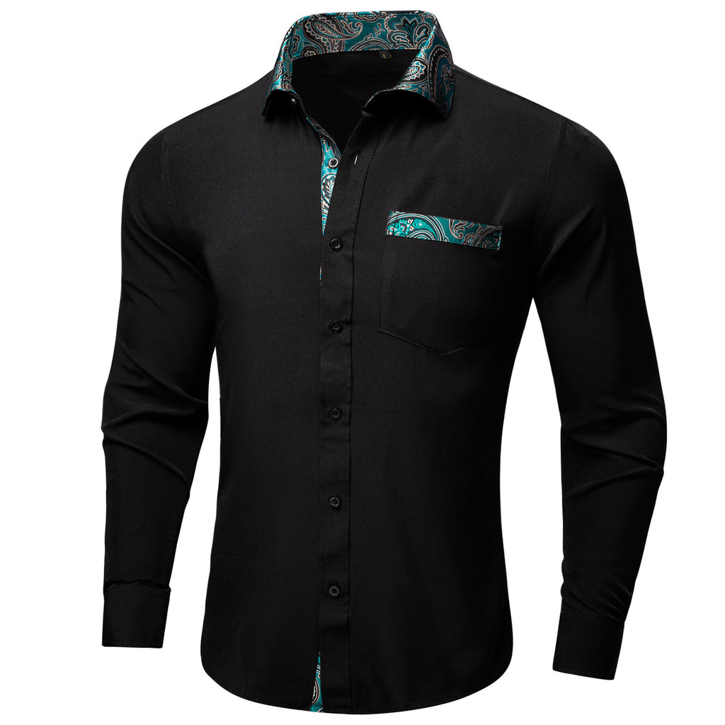 Black With Lake Blue Floral Accent Dress Shirt - GentCrest