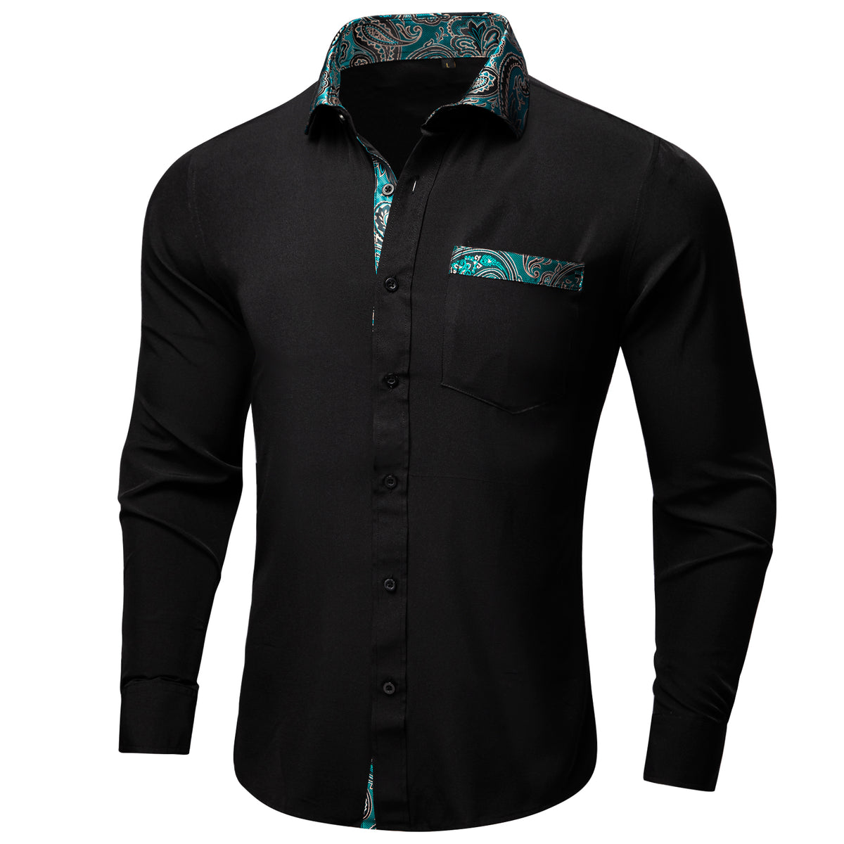 Black With Lake Blue Floral Accent Dress Shirt - GentCrest