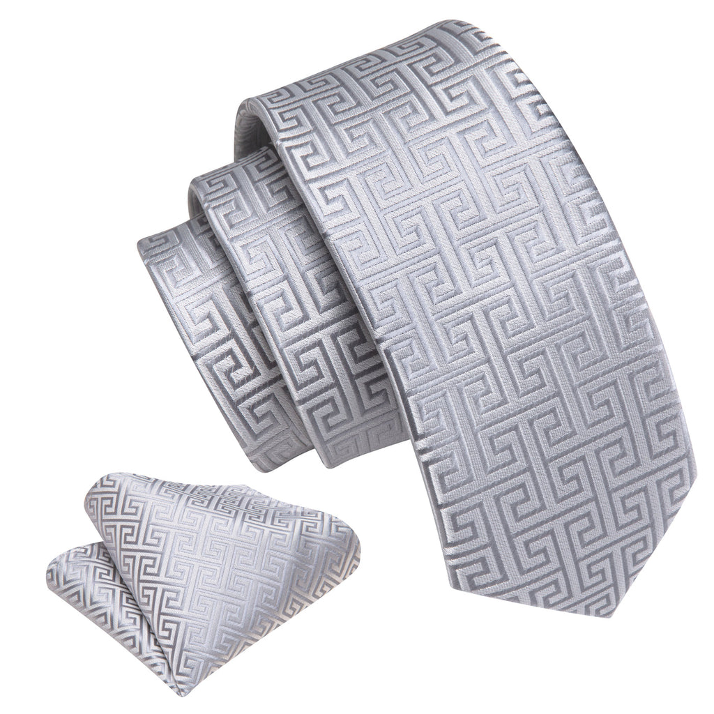 Silver Silk Tie Set with Pocket Square & Cufflinks - GentCrest - View 3