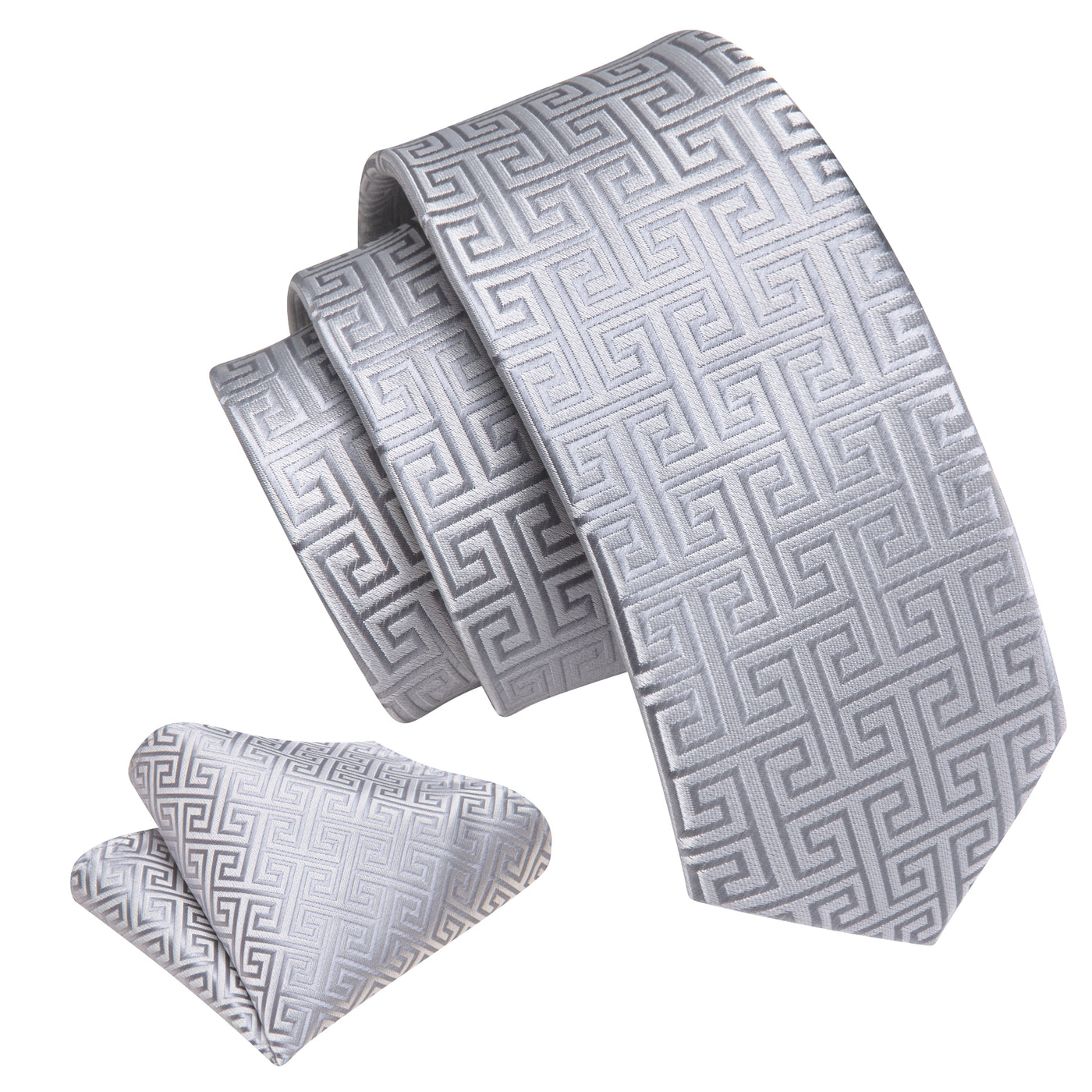 Silver Silk Tie Set with Pocket Square & Cufflinks - GentCrest - View 3