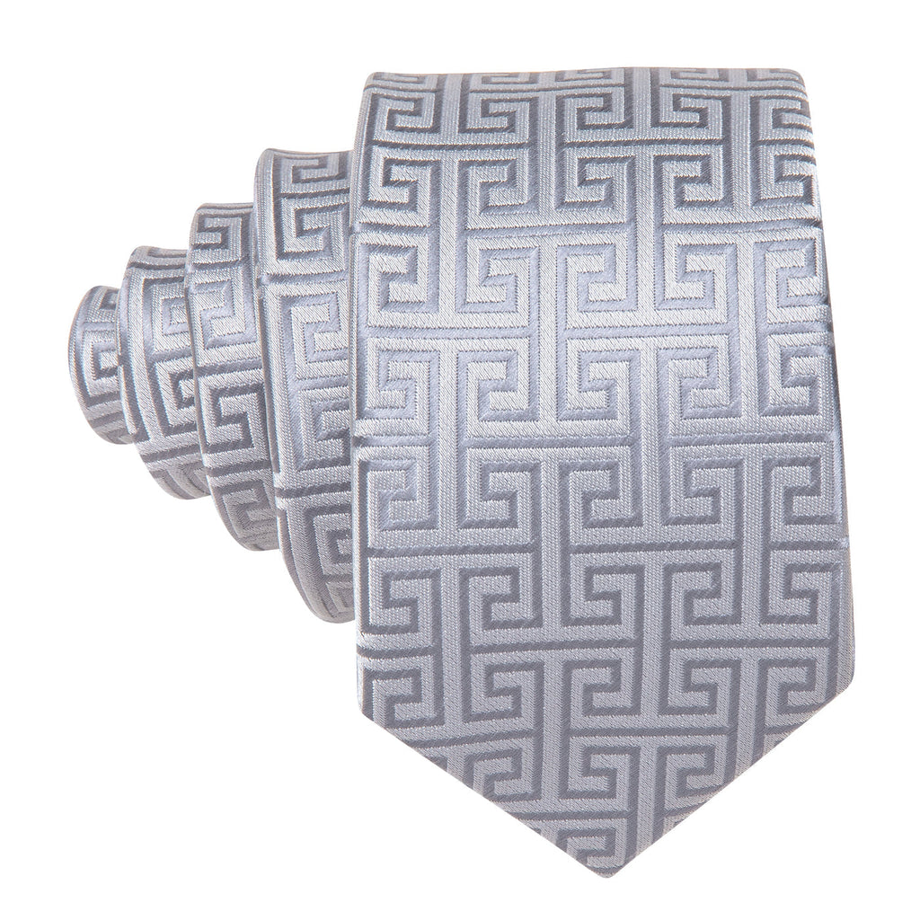 Silver Silk Tie Set with Pocket Square & Cufflinks - GentCrest - View 2