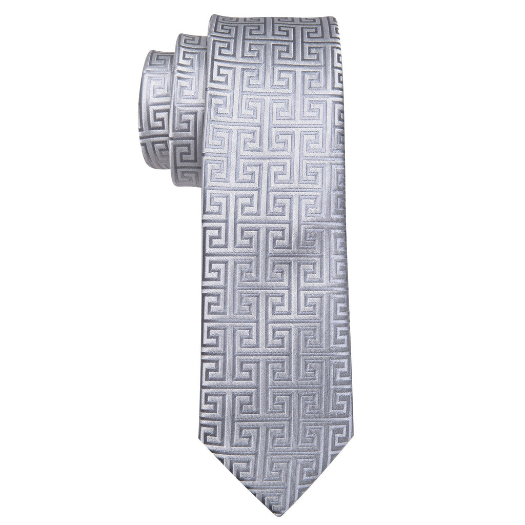 Silver Silk Tie Set with Pocket Square & Cufflinks - GentCrest - View 4