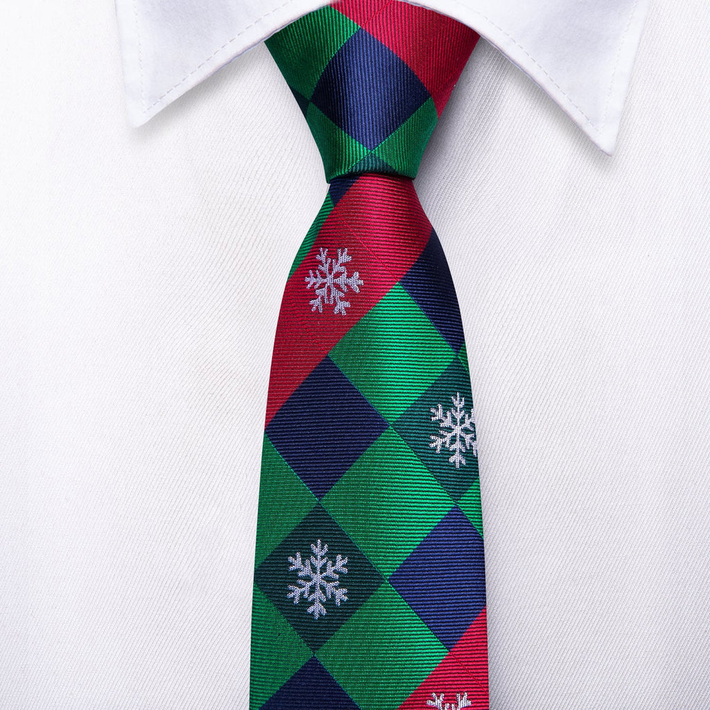 Green & Red Check Tie with Snowflake Motif, Pocket Square & Cufflinks Silk Tie Set - GentCrest - View 3