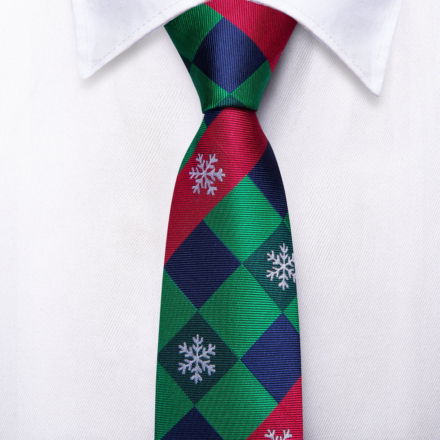 Green & Red Check Tie with Snowflake Motif, Pocket Square & Cufflinks Silk Tie Set - GentCrest - View 3