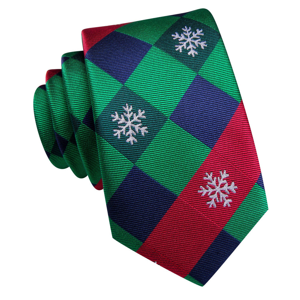 Green & Red Check Tie with Snowflake Motif, Pocket Square & Cufflinks Silk Tie Set - GentCrest - View 5
