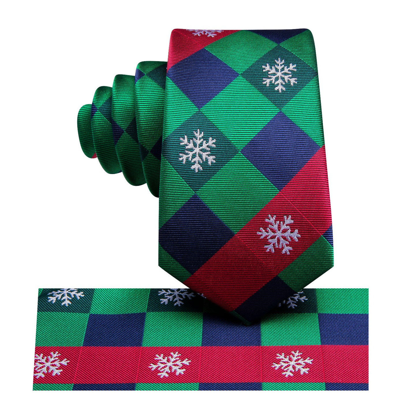 Green & Red Check Tie with Snowflake Motif, Pocket Square & Cufflinks Silk Tie Set - GentCrest - View 6