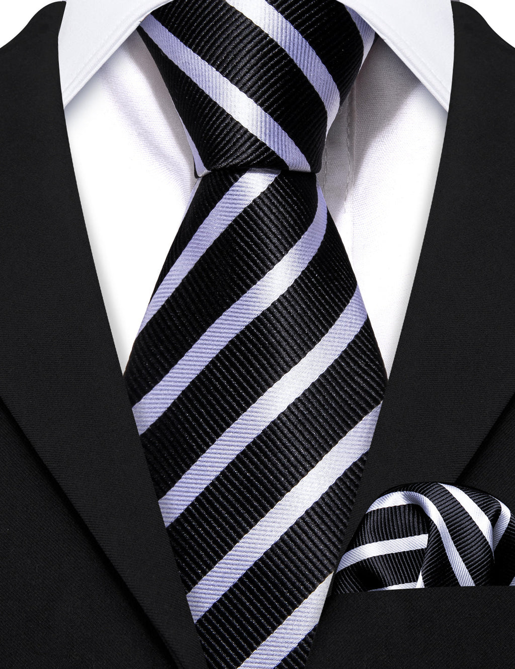 Black White Striped Children Silk Tie Set - GentCrest