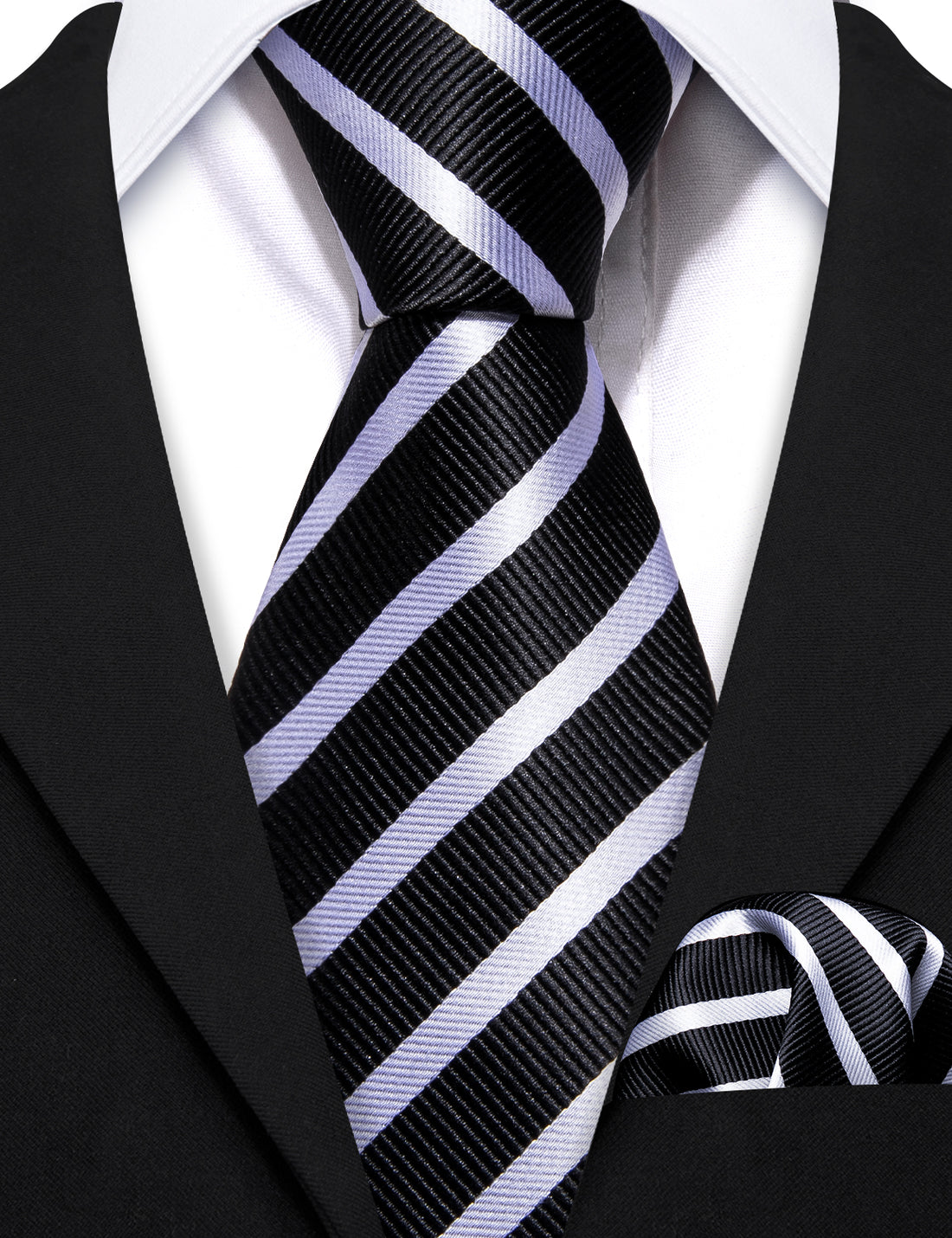 Black White Striped Children Silk Tie Set - GentCrest