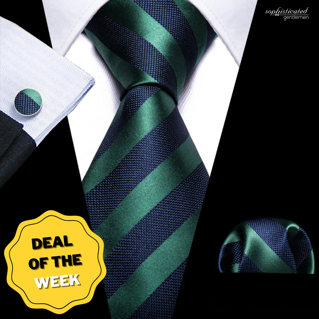 Navy Blue Green Striped Silk Tie Set - GentCrest