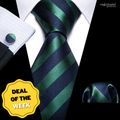 Navy Blue Green Striped Silk Tie Set - GentCrest