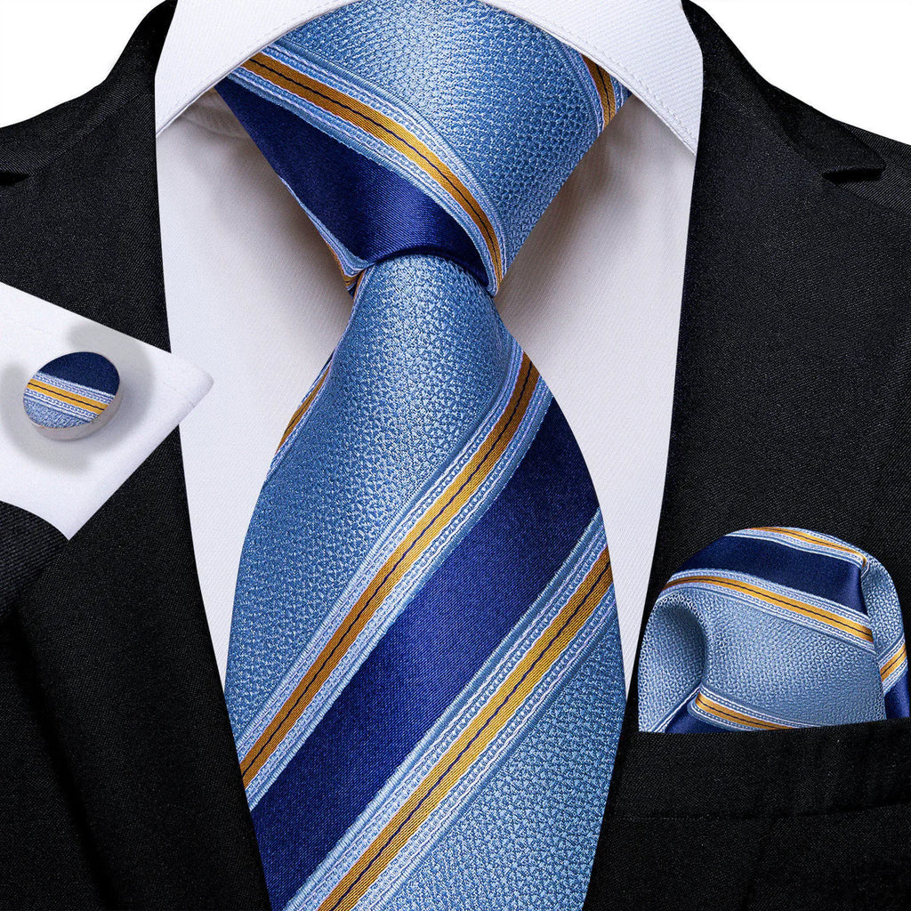 Light Blue & Navy Striped Silk with Pocket Square and Cufflinks Silk Tie Set - GentCrest