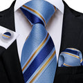 Light Blue & Navy Striped Silk with Pocket Square and Cufflinks Silk Tie Set - GentCrest